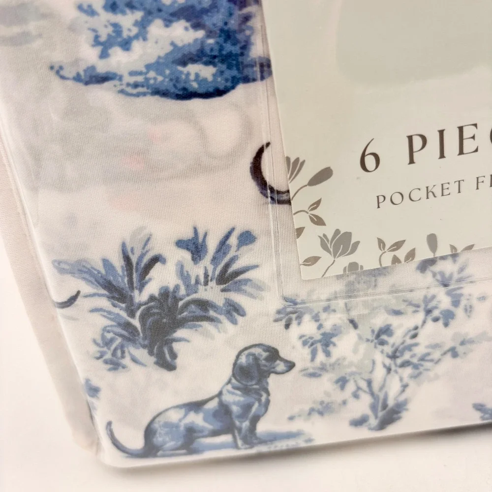 Kindred Home Queen 6 Piece Sheet Set‎ Blue White Dachshund Doxie Dog Toile